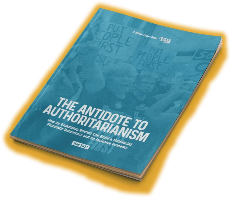 Graphic of a printed copy of the report "The Antidote to Authoritarianism"