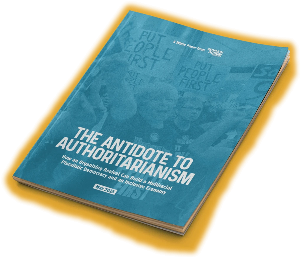 Graphic of a printed copy of the report "The Antidote to Authoritarianism"